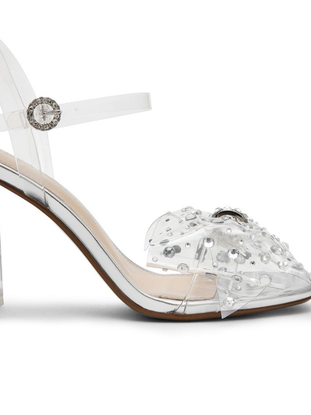 NIB Betsey Johnson Pratt Clear Crystal Bow Block Heel Sandal - Silver/Clear - Picture 2 of 10